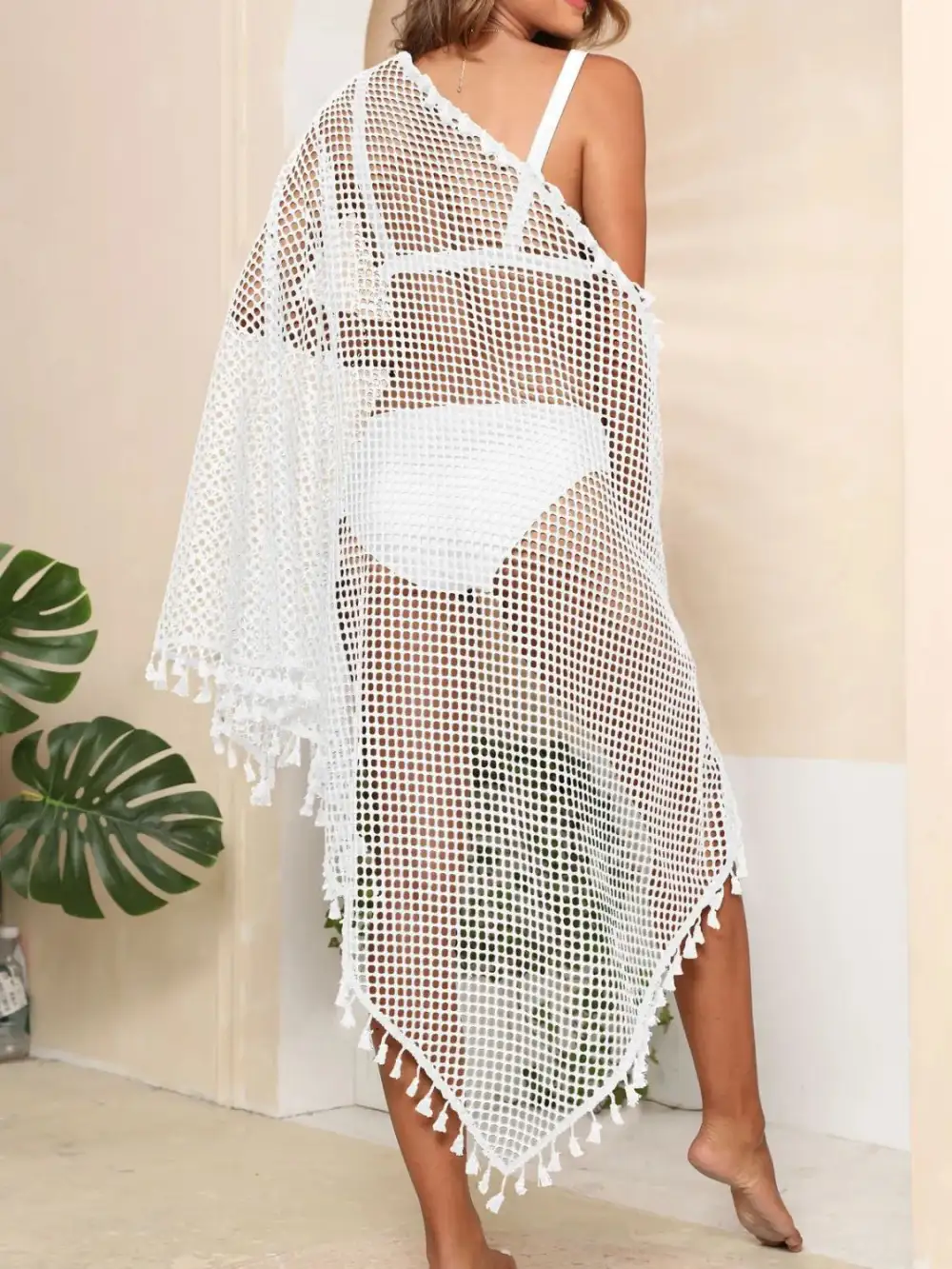 Tassel Openwork Open Front Swim Cover Up