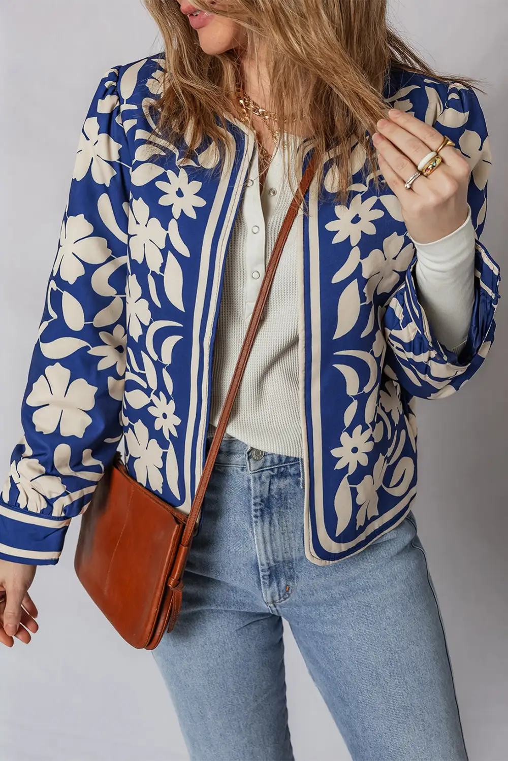 Flower Print Open Front Button Cuffs Elegant Jacket