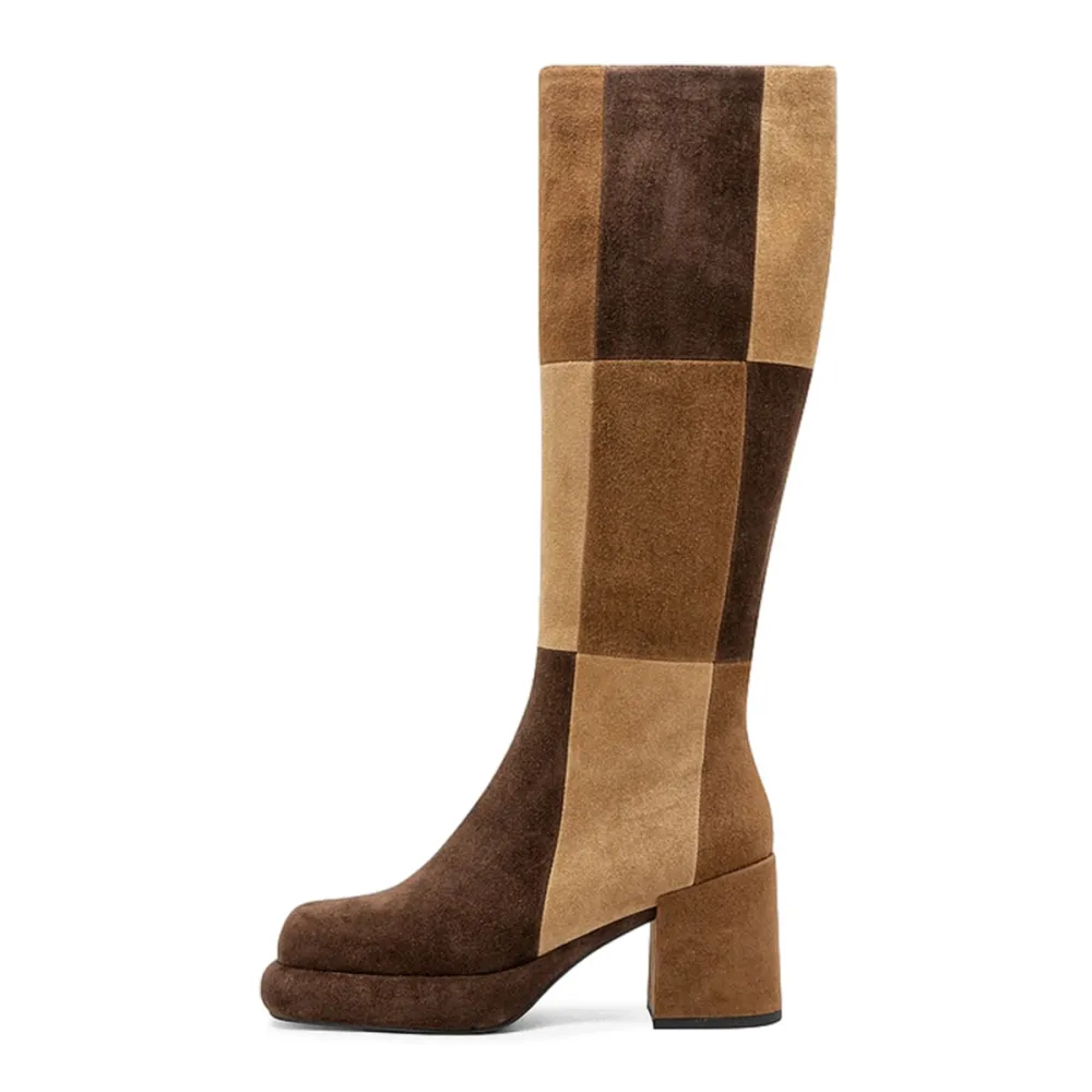 Faux-Suede Zip-Up Patchwork Round-Toe Knee-High Boots