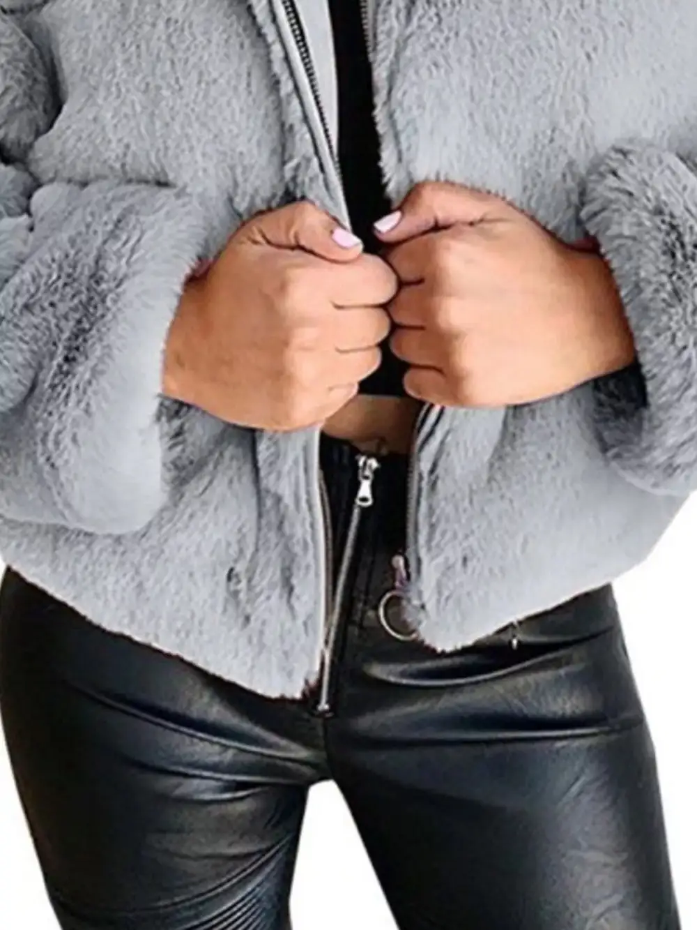 Full Size Faux Fur Cropped Zip-up Jacket Plus Size