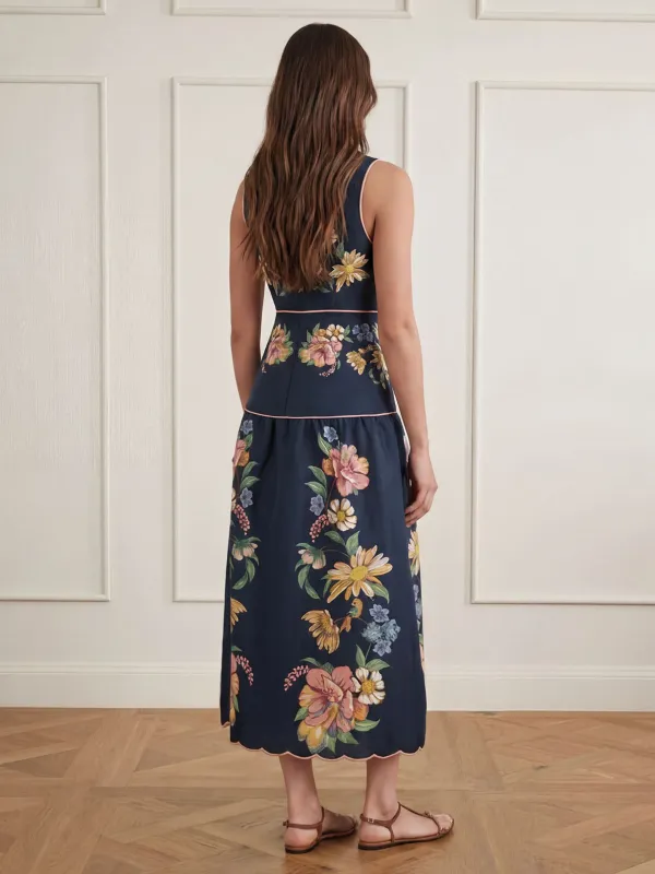 Sleeveless V Neck Floral Print Midi Dress