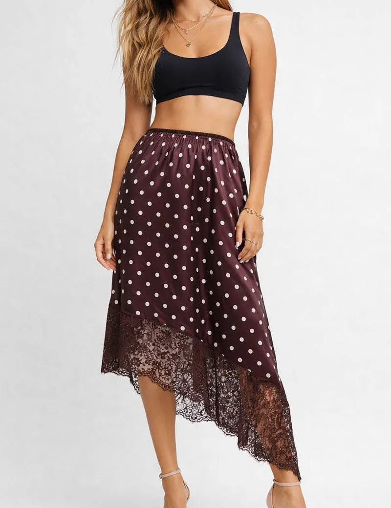 Romantic Polka Dot Satin Irregular Lace Hem Midi Skirt