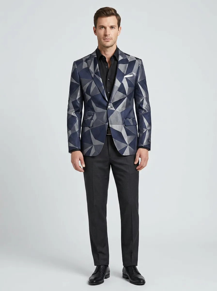 Men's Geometric Pattern Navy Silver Printed Blazer