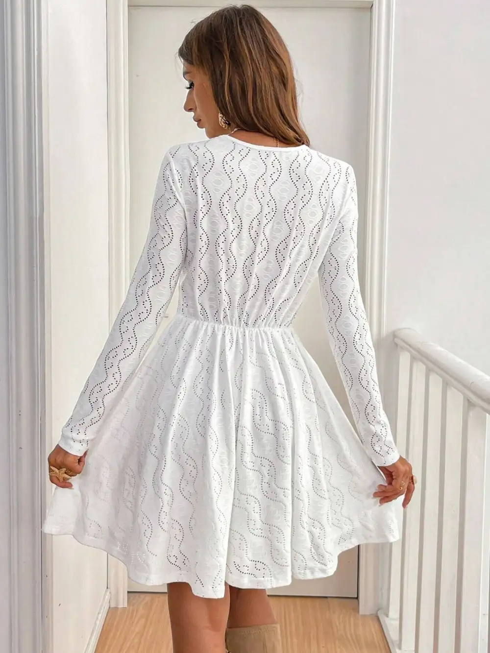 Lace V Neck Long Sleeve Dress Casual
