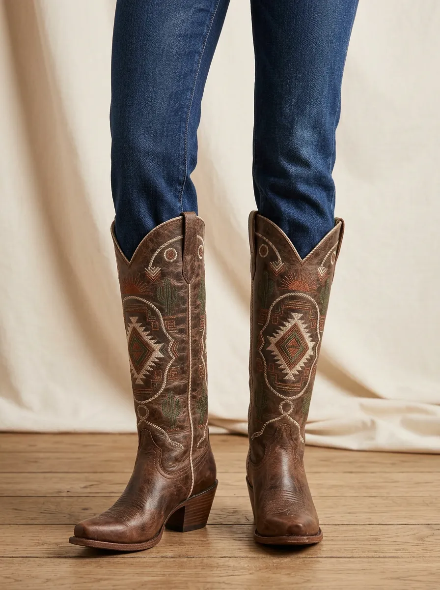 Women's Western Cactus Sun Geometric Embroidered Piped Pointed-Toe Denim Over-the-Knee Boots