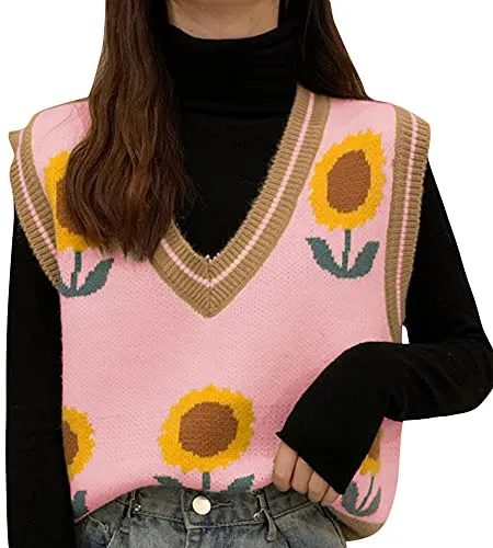Women V Neck Sweater Vest Y2K 90s Floral Pattern Knit Tank Top Sleeveless Knitwear Black