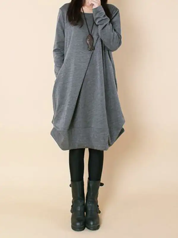 A Line Long Sleeve Pleated Solid Color Round Neck Dress Maxi