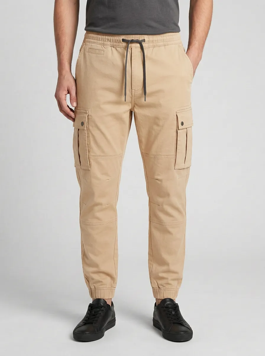 Streetwear Elastic-Waist Solid-Style Men's Cargo Pants