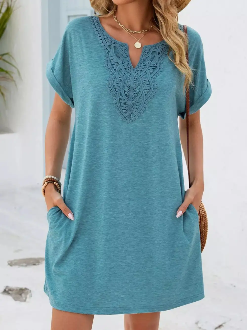 Polished Detail Lace Short Sleeve Dress