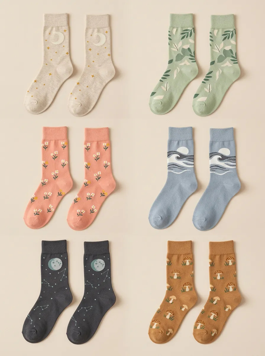 Women's Woodland Celestial Botanical Crew Socks Six Pair Set