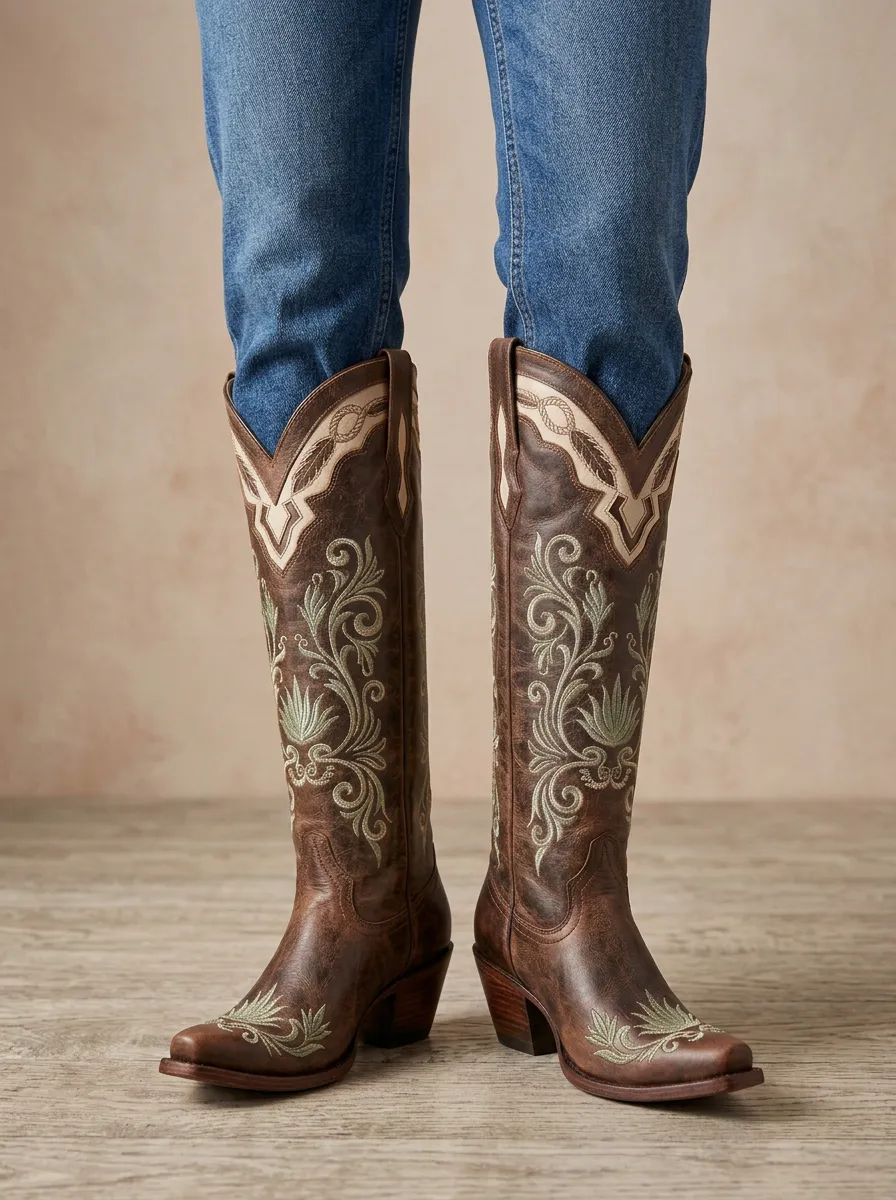 Women's Western Floral Embroidered Block-Heel Stacked-Heel Denim Over-the-Knee Boots