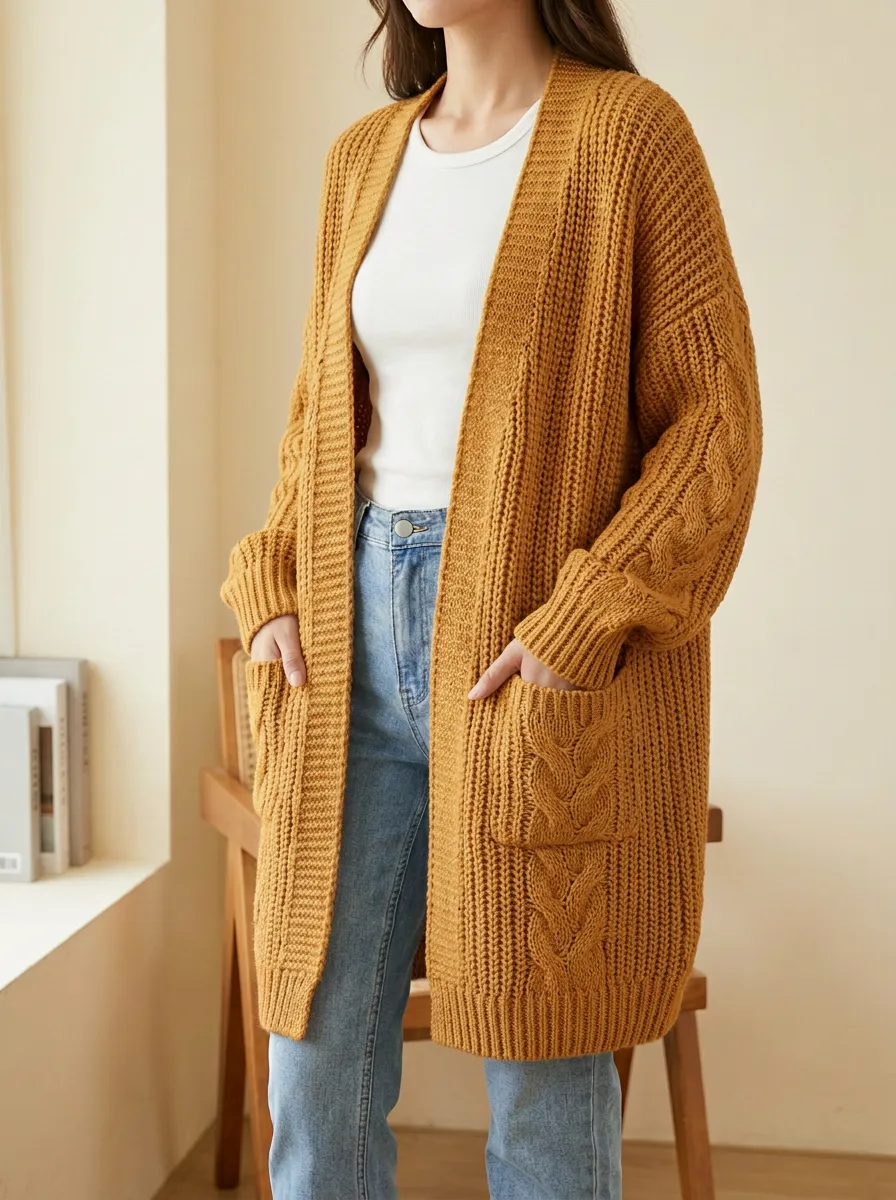 Women's Minimalist Cable Knit Open-Front Long Cardigan