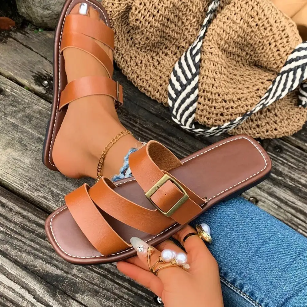 Textured Open Toe Buckle Sandals