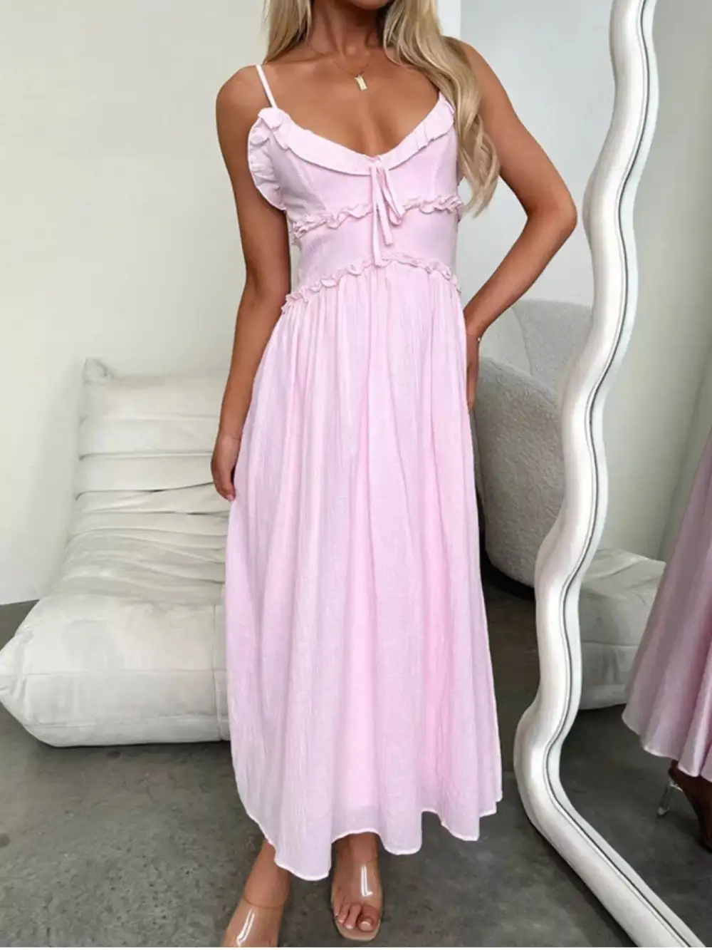 Ruffled Trimmed Spaghetti Strap Midi Dress