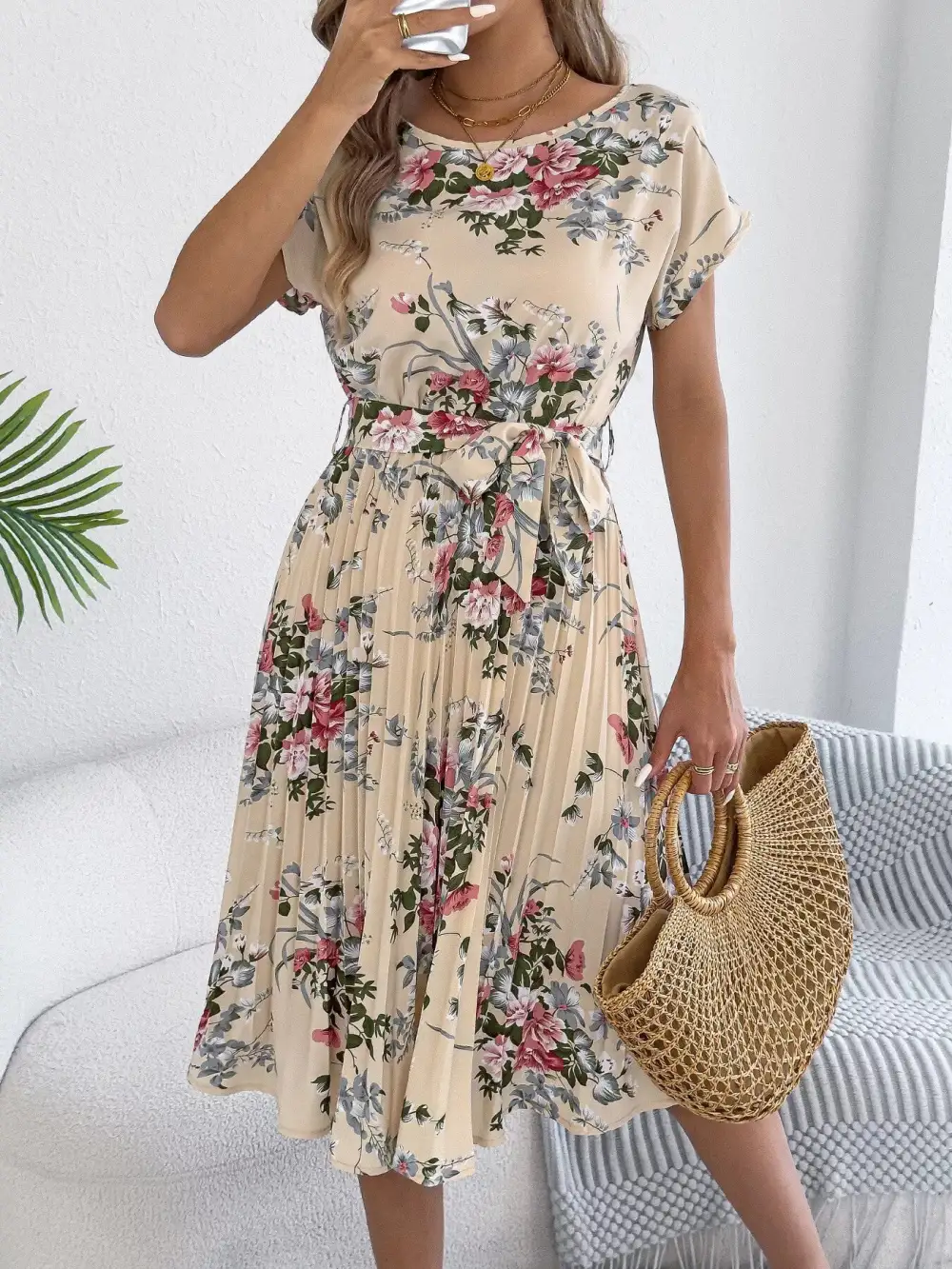 Print Pleated A-line Midi Dress