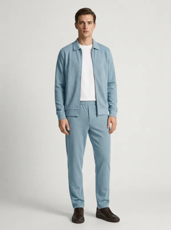 Men's Modern Textured Zip-Up Minimal Polo Collar Jacket and Jogger Pants Set