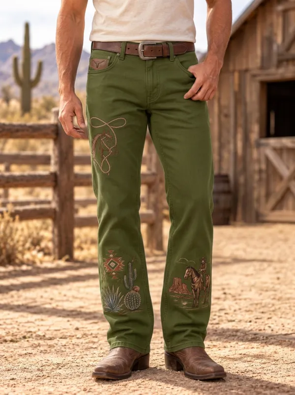 Men's Western Medium Wash Embroidered Western Jeans