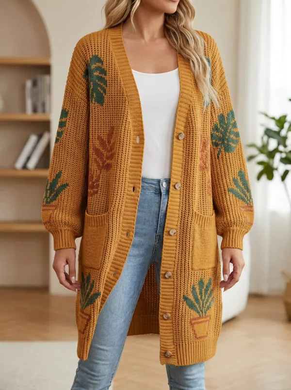 Women's Plant Potted Monstera Leaf Print Knit Long Cardigan