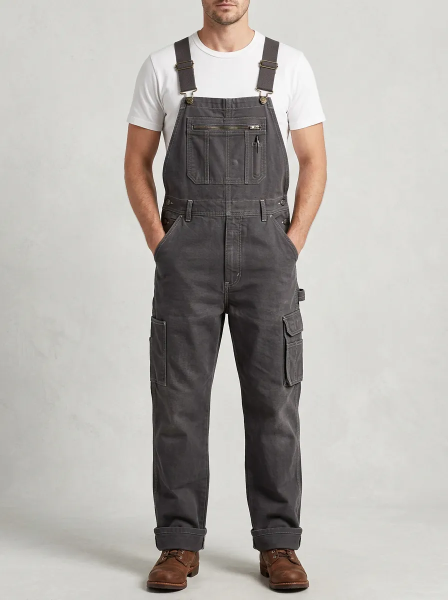 Men's Charcoal Grey Utility Multi-Pocket Canvas Overalls