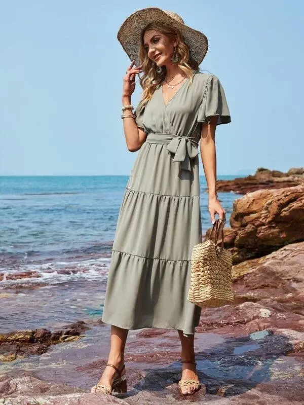 Women Surplice Front Ruffle Hem Belted Dress