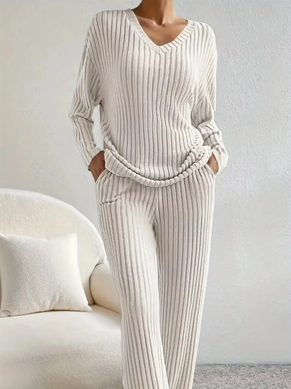 Classic Ribbed Knit V Neck Top and Pants Set