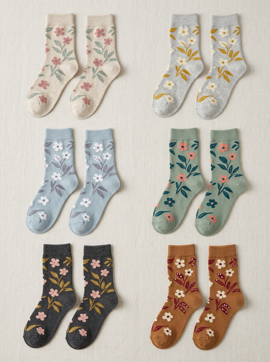 Women's Floral Leaf Ribbed Crew Sock Set
