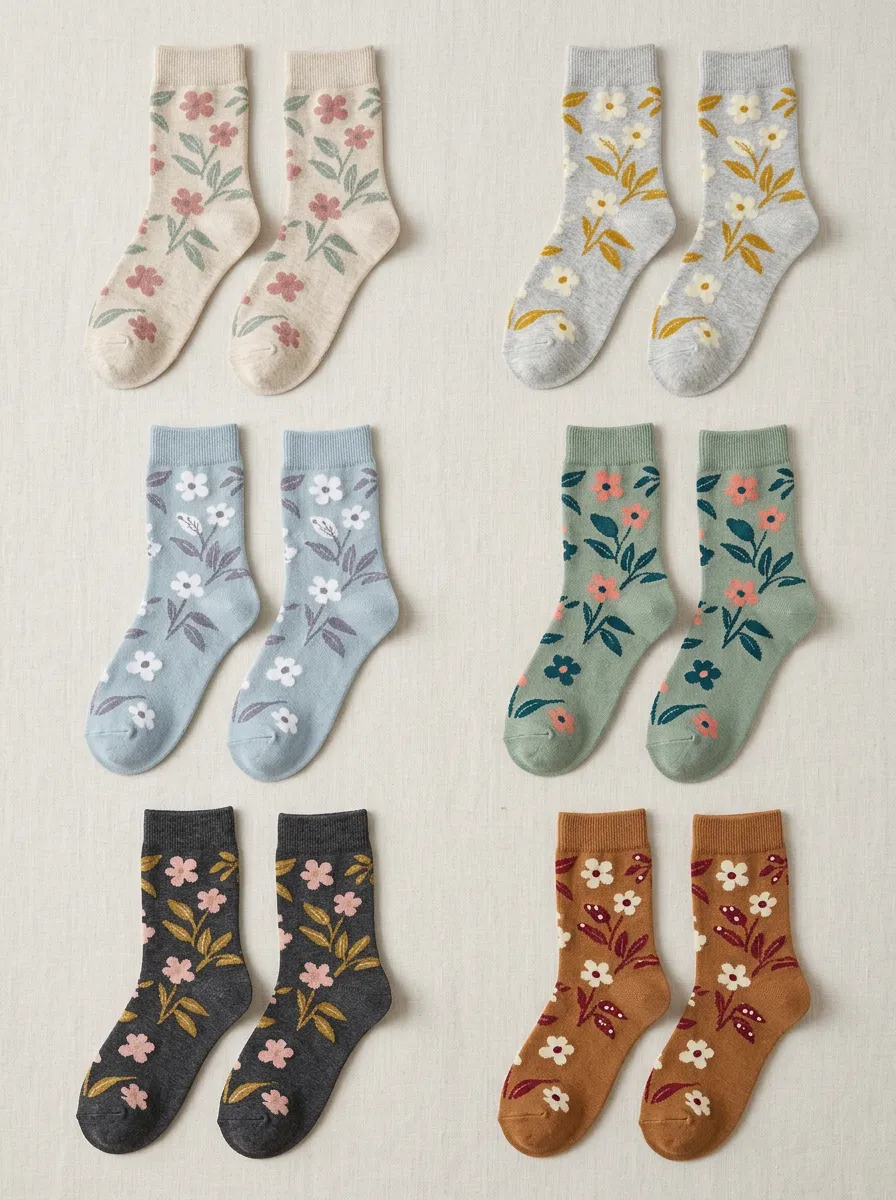 Women's Floral Leaf Ribbed Crew Sock Set