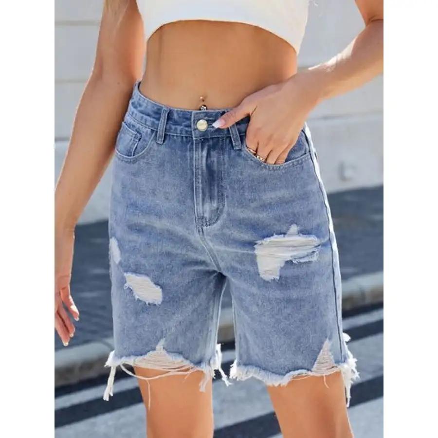 Versatile Distressed Raw Hem Denim Shorts