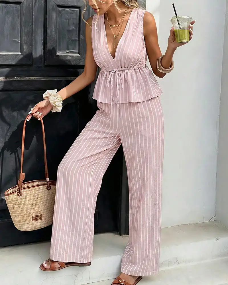 Striped V-Neck Peplum and Wide Leg Pants Two-Piece Set