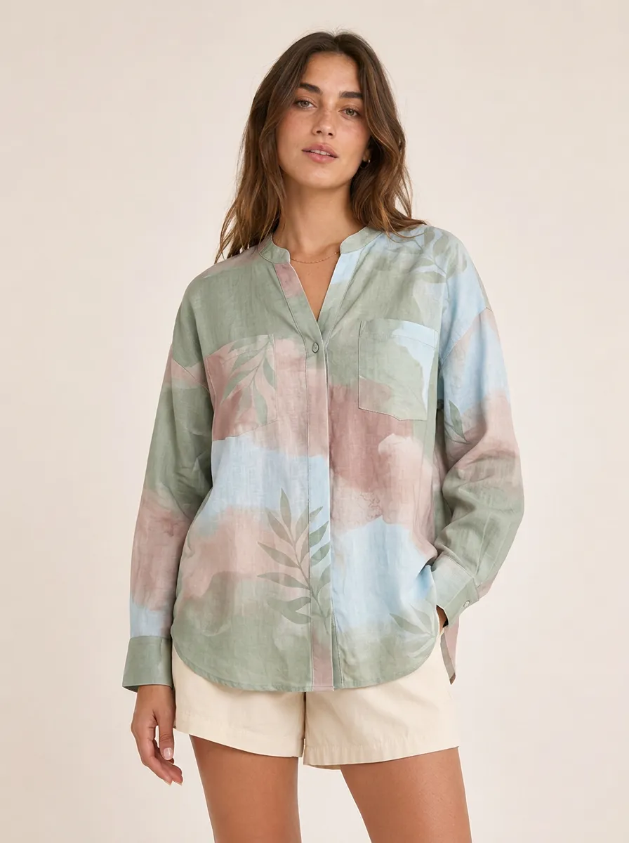 Women's Botanical Abstract Watercolor Printed Button-Down Shirt