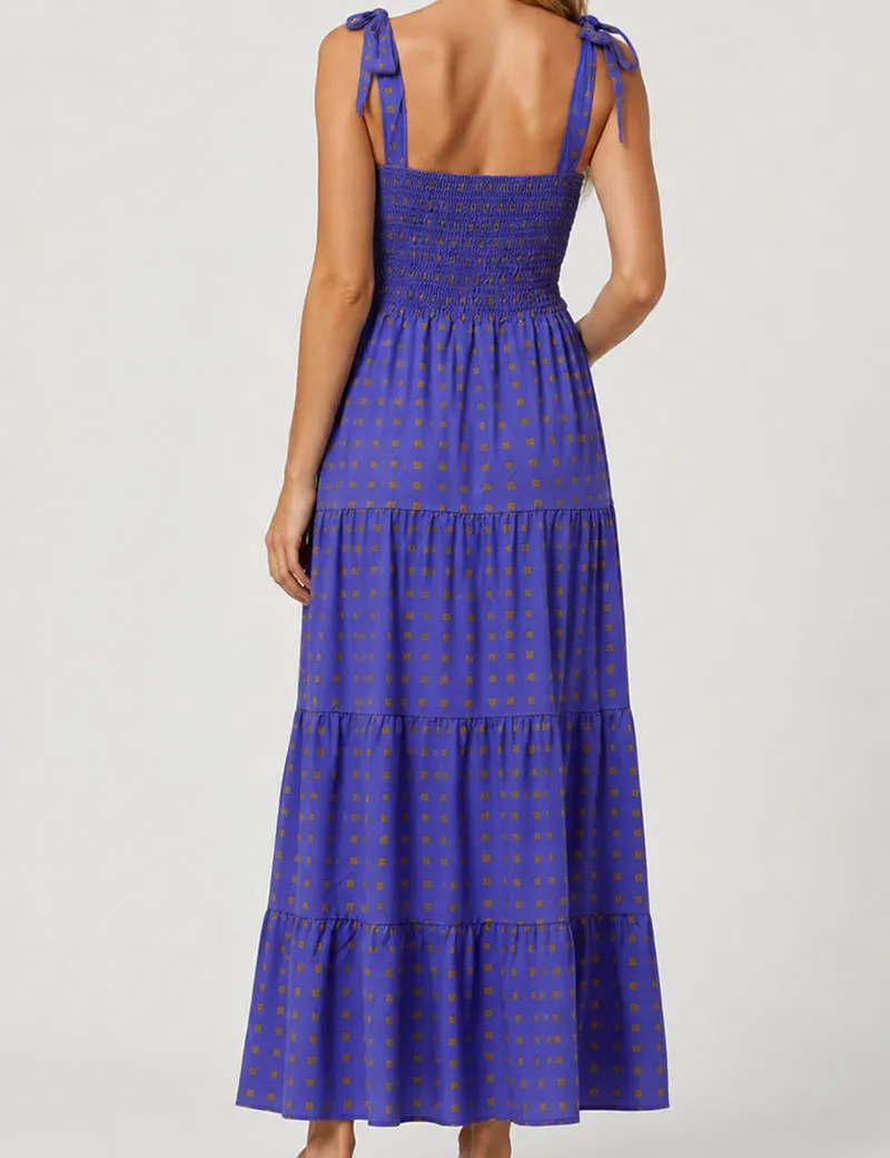 Abstract Smocked Strap Square Neck Midi Dress