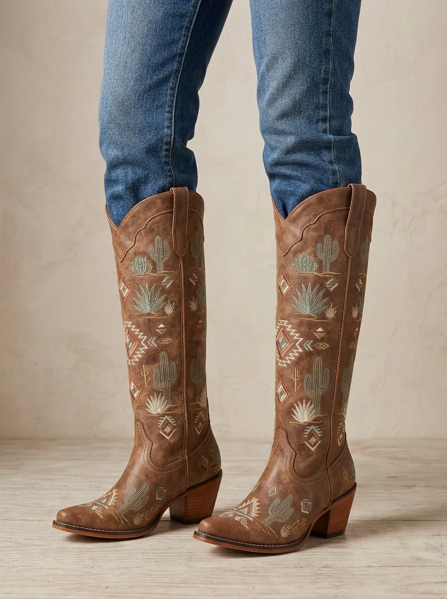 Women's Western Cactus Geometric Embroidered Piped Pointed-Toe Block-Heel Denim Over-the-Knee Boots