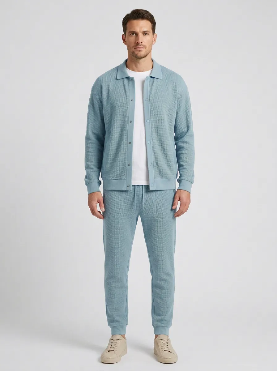 Men's Waffle Textured Button Detail Polo Collar Jacket and Jogger Pants Set