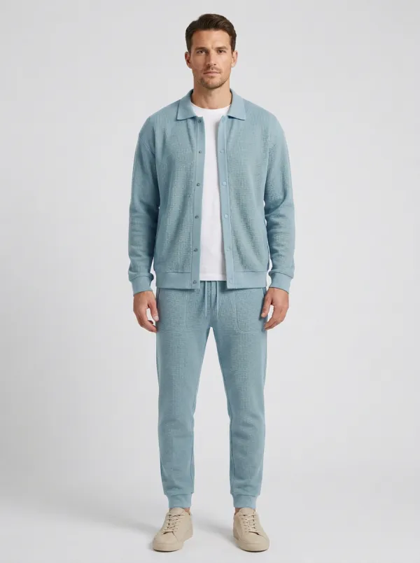 Men's Waffle Textured Button Detail Polo Collar Jacket and Jogger Pants Set