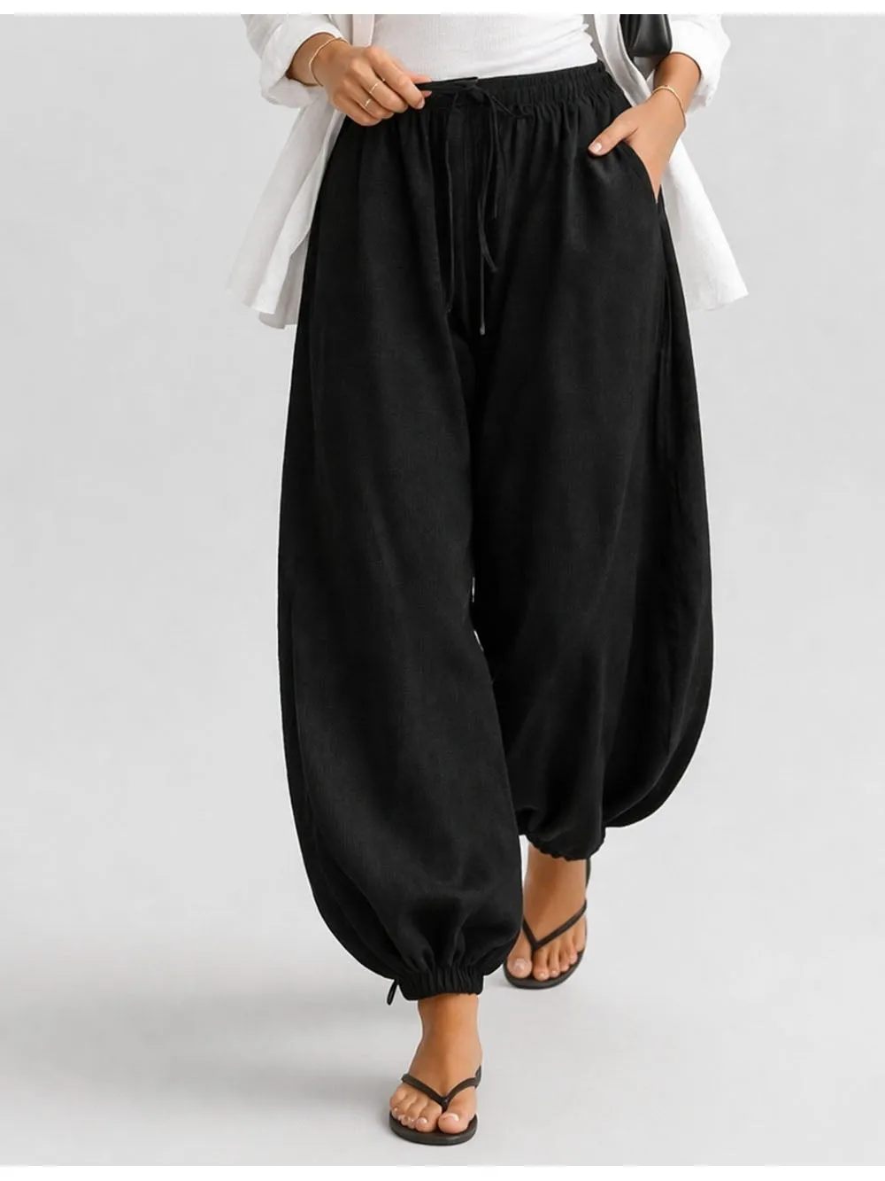 Solid Color Elastic Waist Drawstring Lantern Pants