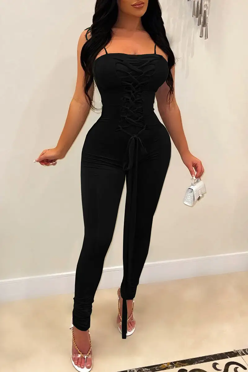 Fashion Sexy Solid Bandage Backless Spaghetti Strap Skinny Jumpsuits