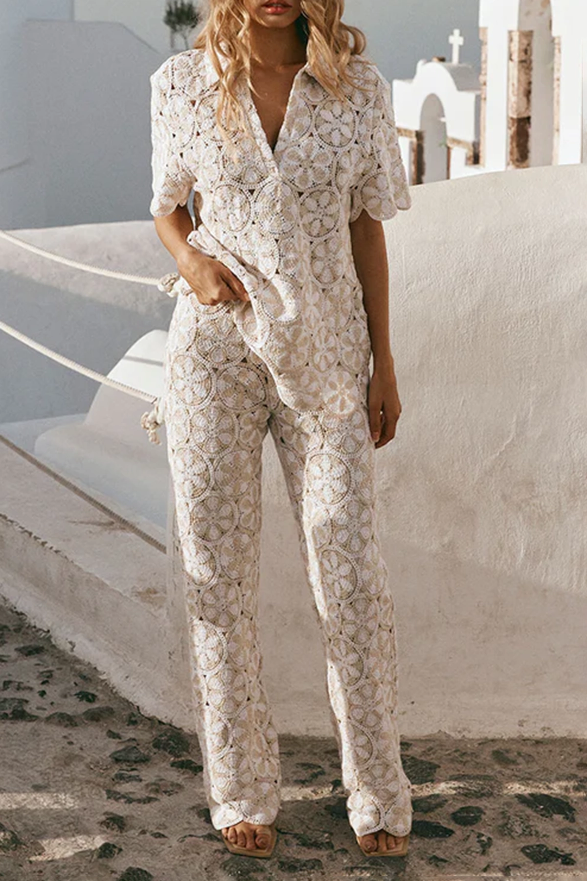 Floral Embroidery Wide Leg Trousers