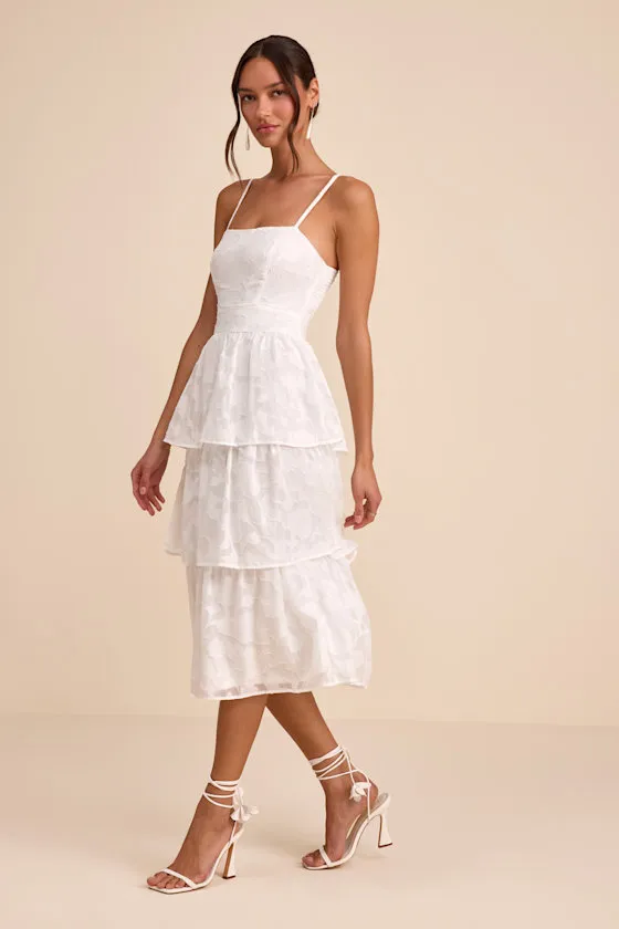 Grace and Beauty White Burnout Floral Print Tiered Dress