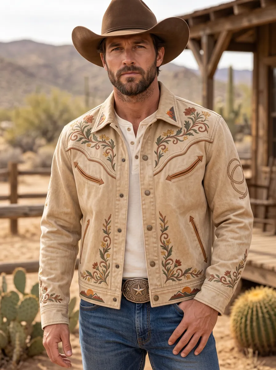 Men's Classic Western Cowboy Floral Embroidery Floral Embroidered Jacket