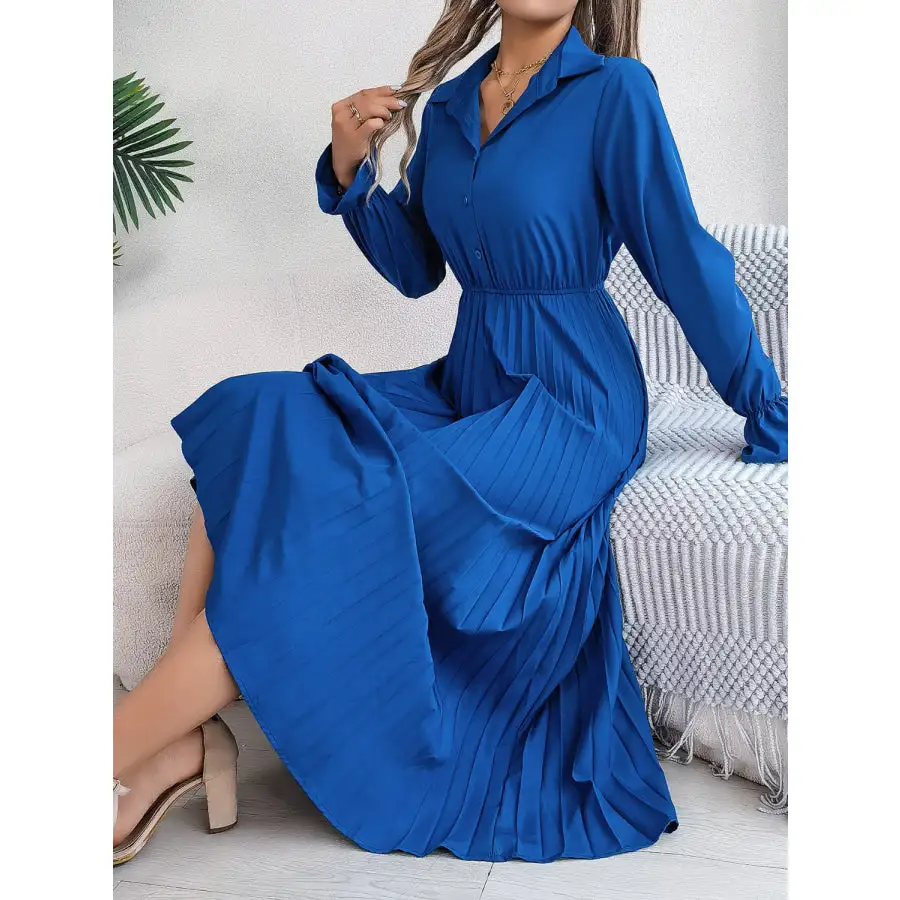 Pleated Half Button Long Sleeve Midi Dress