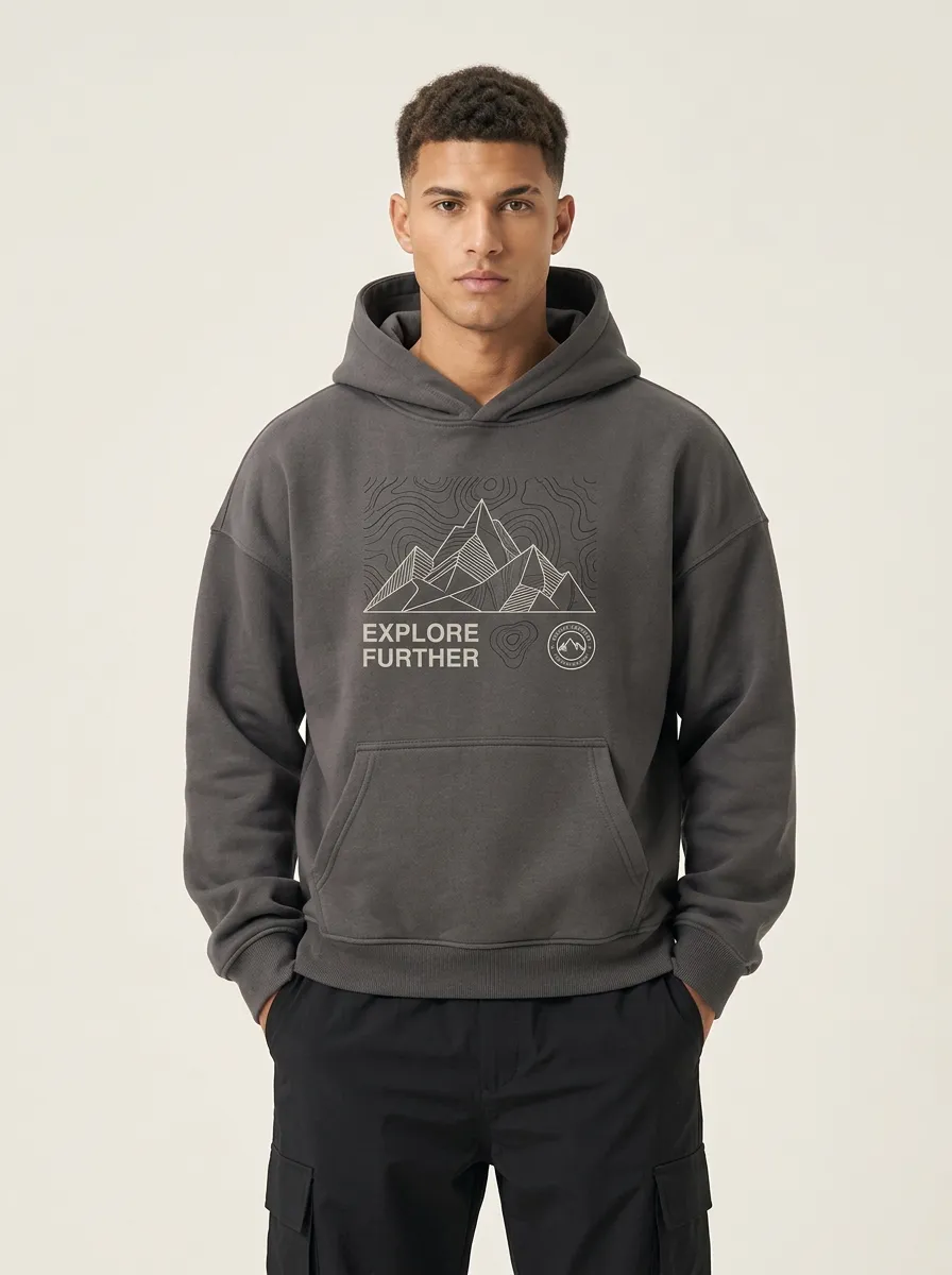 Men's Outdoor Adventure Explore Further Mountain Topographic Graphic Hoodie