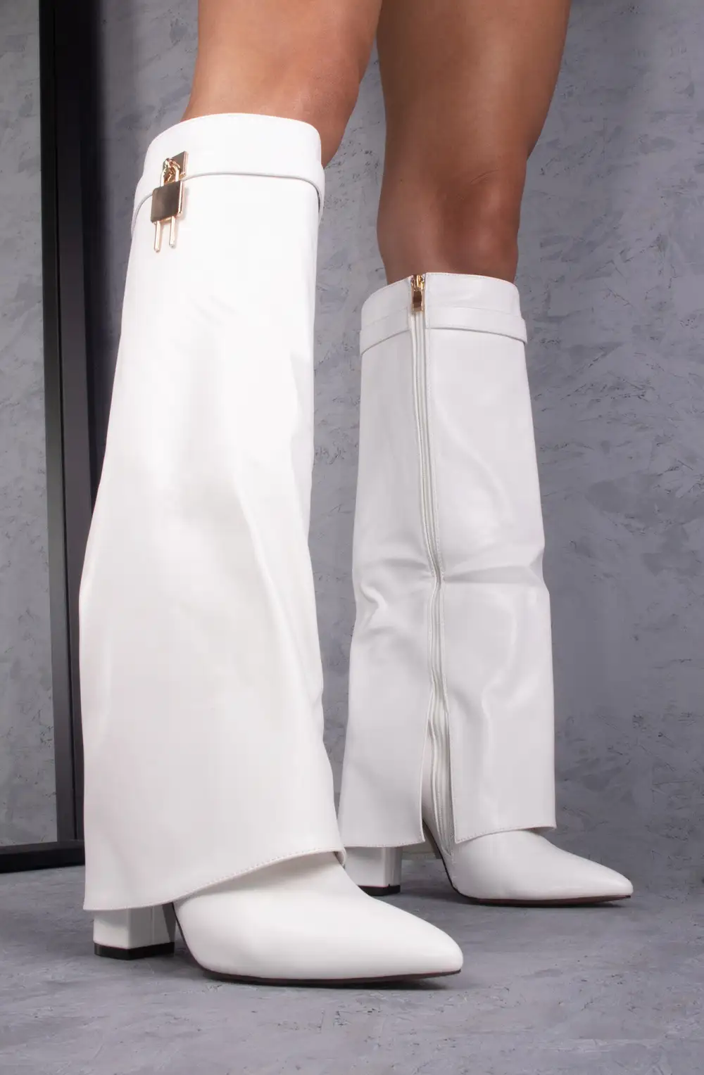 Western Fold-Over Buckle Detail Faux Leather Knee High Boots