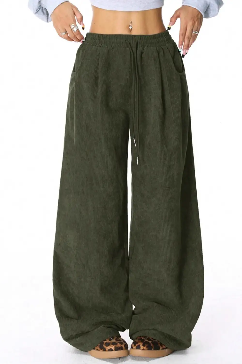 Relaxed Drawstring Wide Leg Flannel Pants