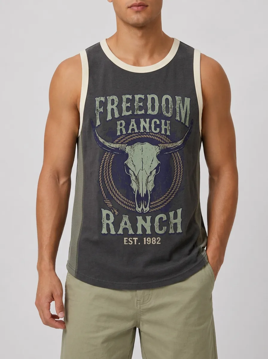 Men's Western Cowboy Freedom Ranch Bull Skull Printed Tank Top