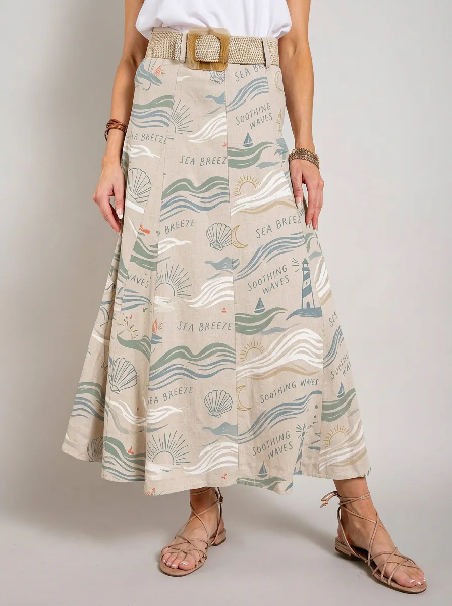 Women's Coastal Lighthouse Seashell Printed Midi Skirt