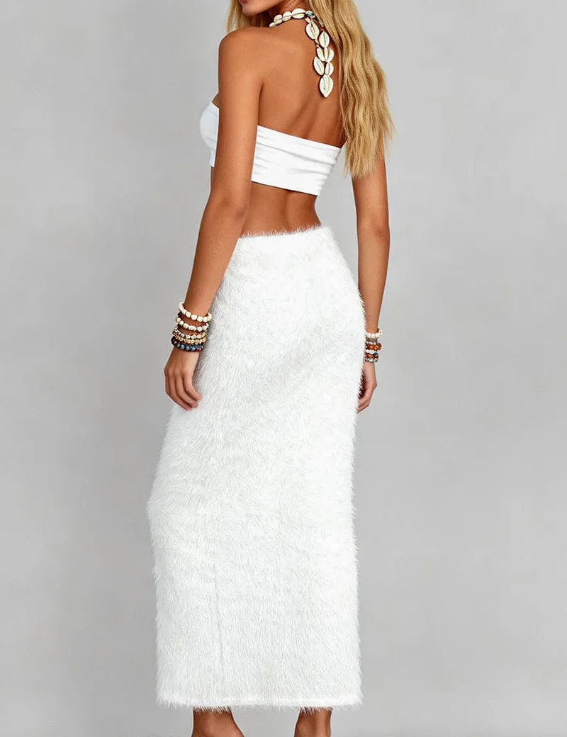 Solid Color Elastic Waist Faux Fur Fuzzy Maxi Skirt