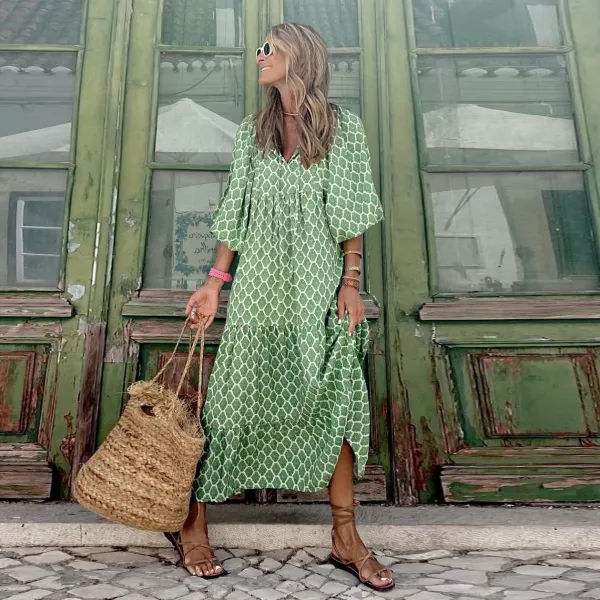 Bohemian Lantern Sleeve Long Dress Printed Large Swing Women's