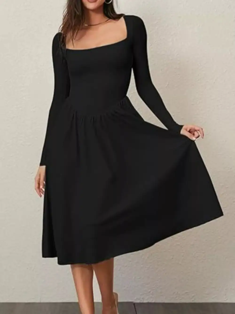 Square Neck Long Sleeve Midi Dress