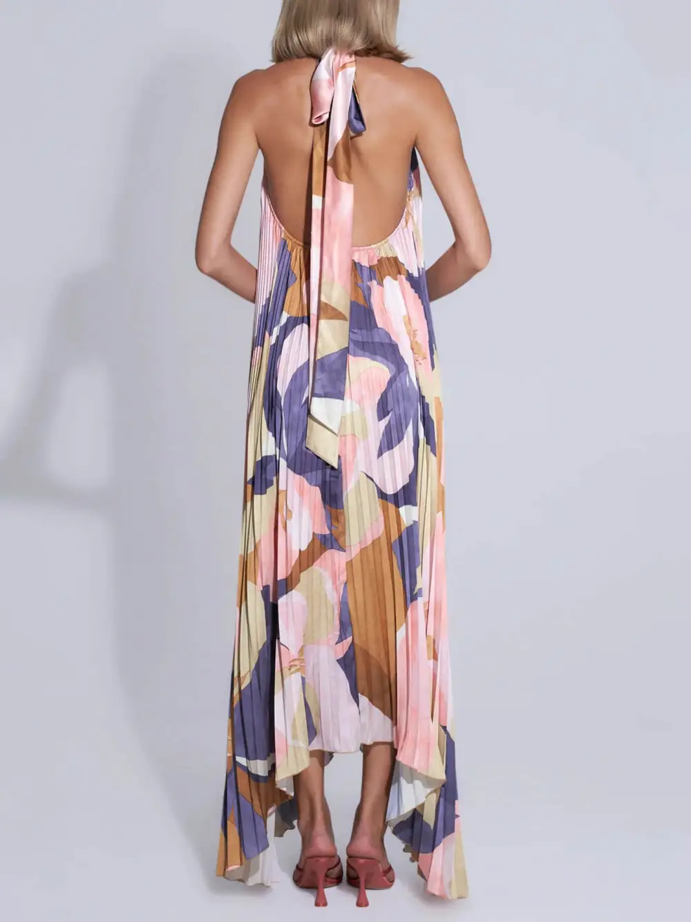 Stylish Pleated Halterneck Strappy Open Back Midi Dress