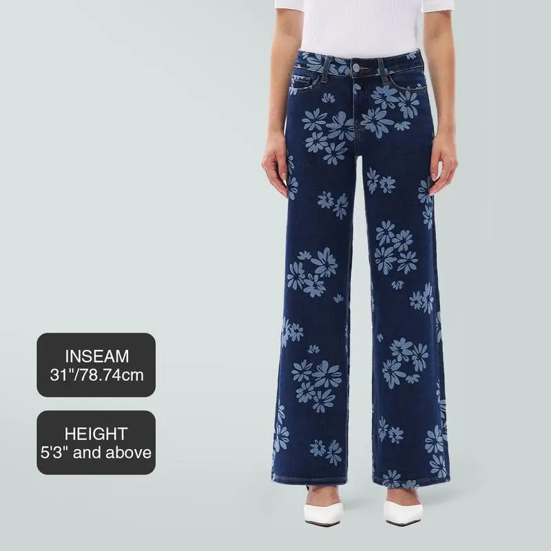 Mid-low Rise Baggy Jeans Stretchy Wide Leg for Women Distressed Pants